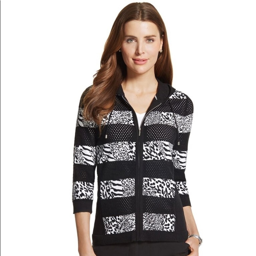 CHICO’S Zenergy Mesh Hoodie Sweater Jacket Animal Print Stretch Size 1 Medium